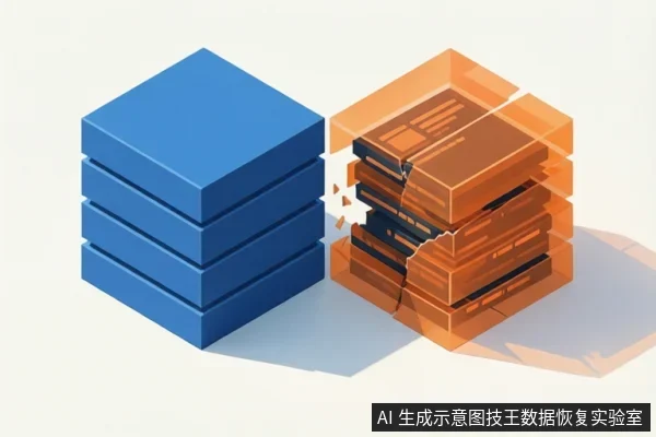 左侧为四层蓝色方块堆叠，右侧为四层橙色半透明方块堆叠，右侧中间出现裂缝并有碎片散落。