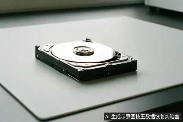 一个打开外壳的机械硬盘平放在浅色桌面上,可见盘片、主轴和磁头组件,背景为模糊的室内环境。