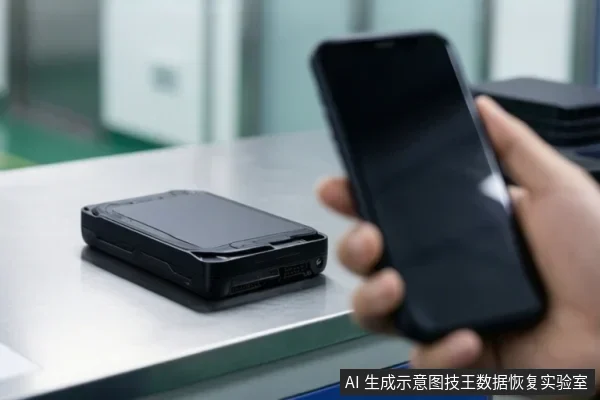 画面为室内桌面环境,前景左侧桌面上放置一个黑色移动硬盘,右侧一只手握持一部黑色智能手机,手机屏幕朝向镜头且处于熄屏状态,背景为模糊的室内空间。