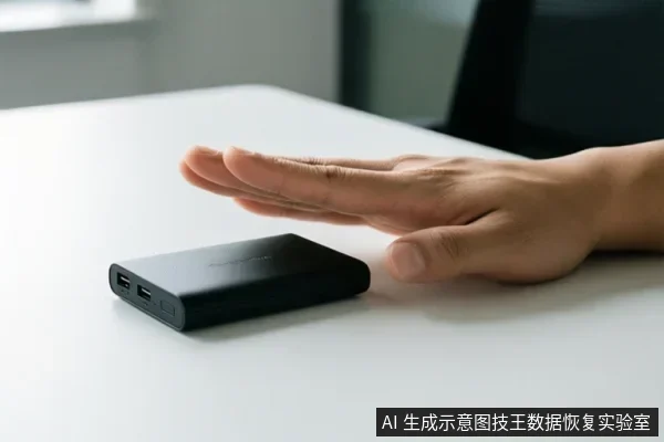 白色桌面上放置一个黑色移动硬盘,侧面可见两个USB接口,一只手掌平放在硬盘上方,示意停止操作。