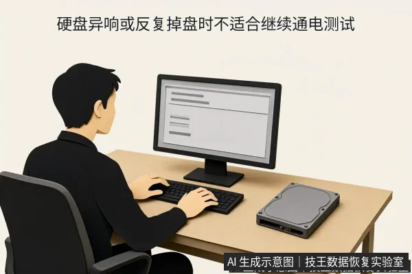 文章内容场景示意图：硬盘异响或反复掉盘时不适合继续通电测试
