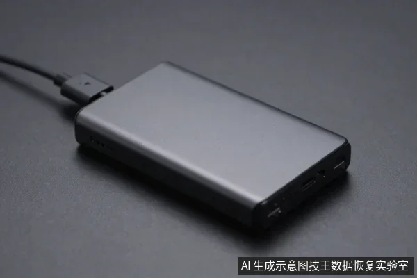 黑色移动硬盘平放在深色桌面，顶部插着USB数据线，侧面可见多个接口。