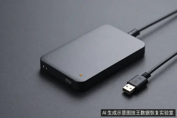 黑色方形外置硬盘平放于深色桌面,侧面有Type-C接口和橙色指示灯,旁边放着一根USB-A数据线。