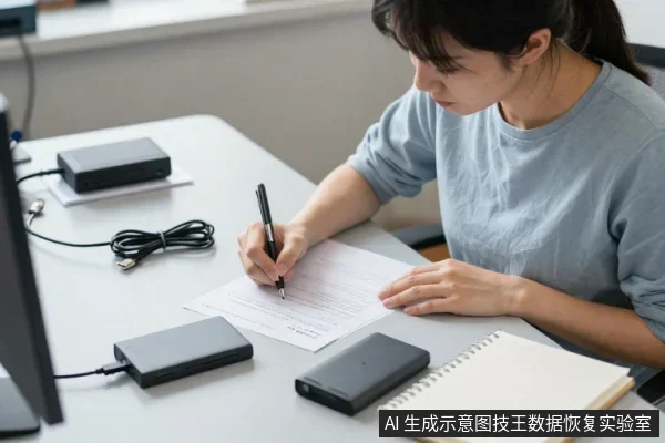 一名亚洲女性坐在桌前,手持笔在纸上书写,桌上放有黑色移动硬盘、数据线、笔记本和显示器。