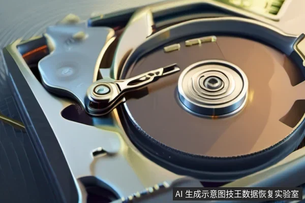 开盖机械硬盘内部特写，可见圆形盘片、中心主轴与悬停在盘面上方的磁头臂及金属底座结构