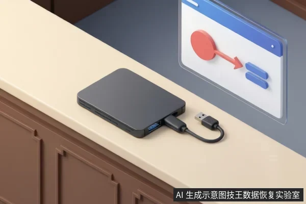 桌面上放置一台黑色移动硬盘,侧面连接USB数据线,USB-A插头悬空未接入设备,背景墙面有一块红色圆形箭头指向蓝色条块的抽象示意图。