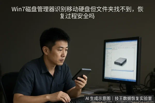 文章内容场景示意图:Win7磁盘管理器识别移动硬盘但文件夹找不到,恢复过程安全吗