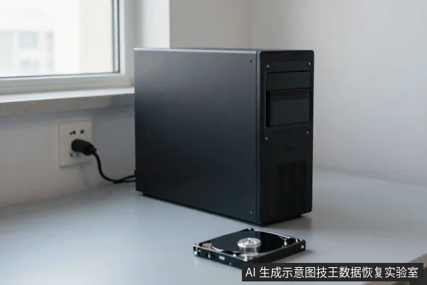 一台黑色台式电脑主机放在浅色桌面上,电源线插在墙面插座上,主机前方平放着一块3.5英寸机械硬盘。
