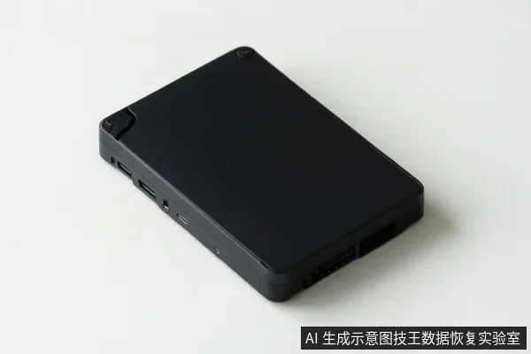白色背景上放置一个黑色移动硬盘，侧面可见多个接口，设备处于静止状态。