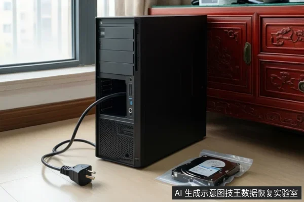 黑色台式电脑主机放在地面,电源线插头未插入插座,旁边防静电袋内装有一块硬盘。