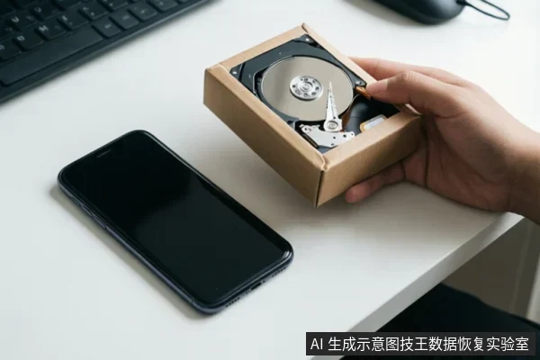 白色桌面上,一只手托着打开的机械硬盘,旁边放着一部黑色智能手机,背景可见键盘一角。