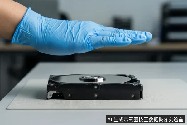 一只戴蓝色手套的手掌平伸悬停在桌面上方,下方放置一块打开的机械硬盘,背景为模糊的办公环境。