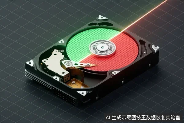 打开外壳的机械硬盘示意图,盘片被一道光束分为绿色和红色两半,磁头臂停在盘片边缘,背景为深色网格。