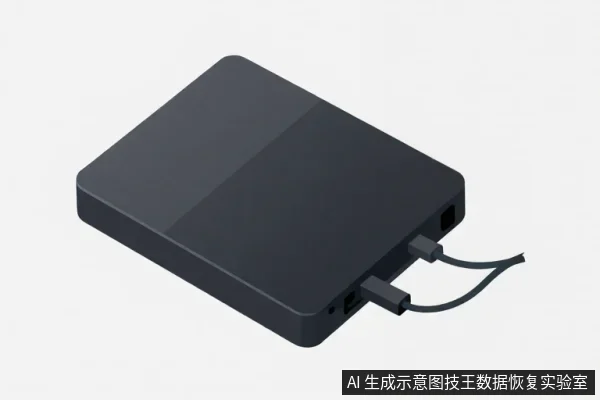 黑色长方形外置存储设备，侧面两个接口各插着一根线缆，线缆向右延伸。