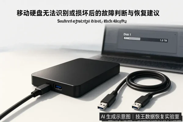 文章内容场景示意图:移动硬盘无法识别或损坏后的故障判断与恢复建议