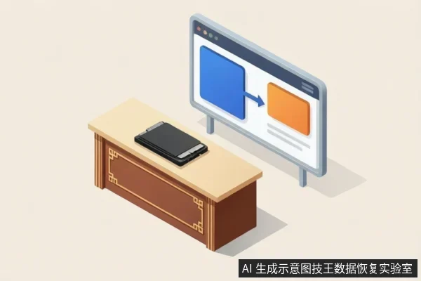 木桌上放着一个黑色外置固态硬盘，旁边立着一个屏幕，屏幕上显示蓝色方块指向橙色方块的箭头及示意线条。