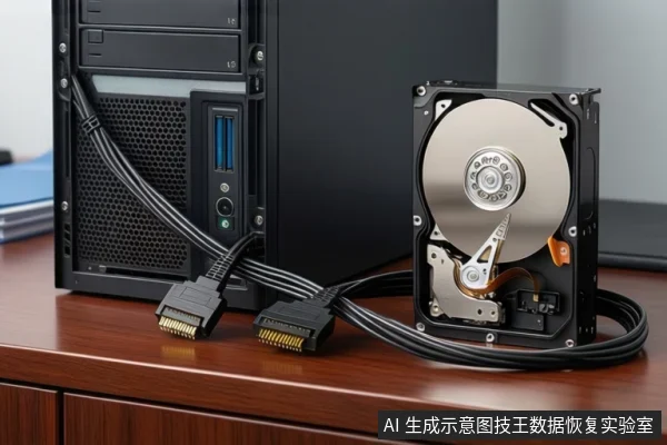 黑色台式主机前方垂下未插入接口的SATA数据线与电源线,右侧木桌上竖立一块开盖机械硬盘,盘片与磁头臂裸露。