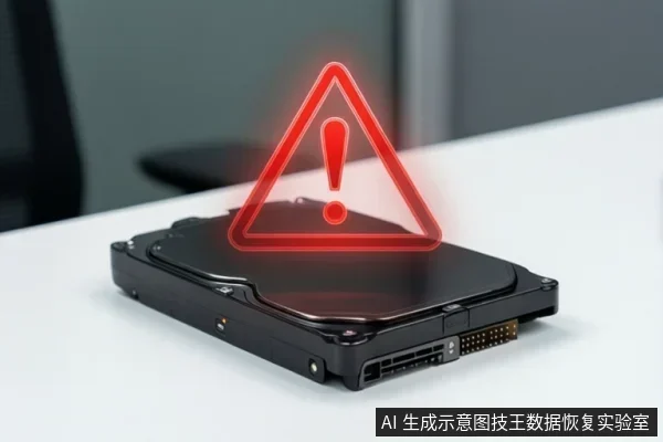 白色桌面上放置一块黑色机械硬盘,硬盘上方悬浮一个红色发光三角形警告标志,内含感叹号。