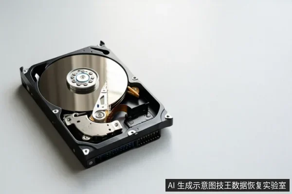 一块打开顶盖的机械硬盘,可见金属盘片、主轴电机、磁头臂和接口,放置在浅色背景上。