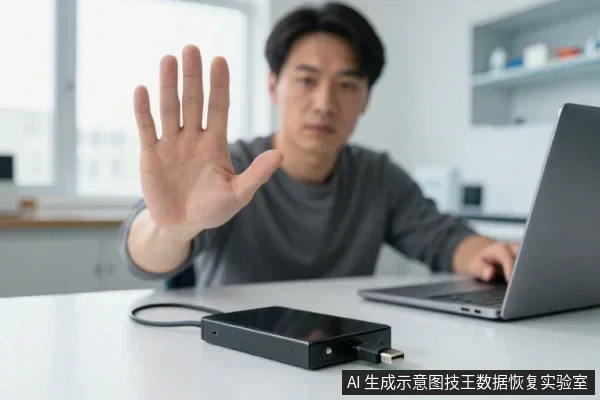 一名亚洲男子坐在桌前,右手抬起做出拒绝手势,桌上放着一块黑色移动硬盘和一台笔记本电脑。