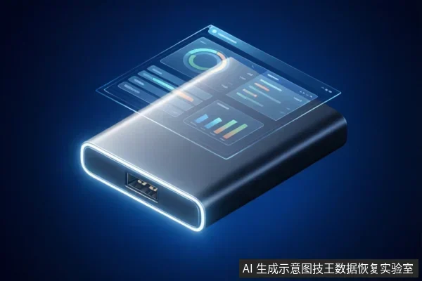 深蓝色背景中，一个银灰色移动硬盘悬浮，前端USB接口发光，上方投射出包含图表和数据的半透明全息界面。
