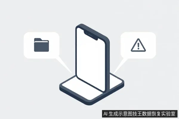 一部手机以立体方式立在底座上,左侧气泡显示文件夹图标,右侧气泡显示警告三角形图标。