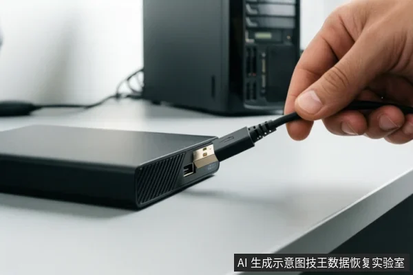 A hand plugging a USB cable into a black external hard drive on a white desk.