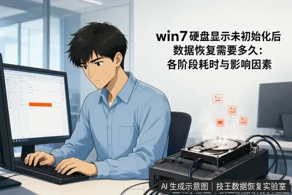 正文场景：文章内容场景示意图：win7硬盘显示未初始化后数据恢复需要多久：各阶段耗时与影响因素