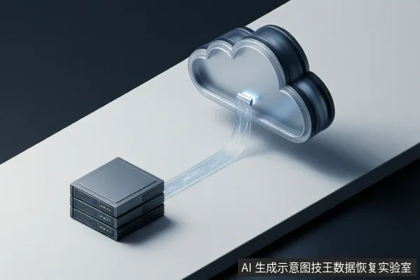 画面中，左侧是一叠黑色的存储设备，右侧是一个云朵形状的图标，两者之间通过一条发光的线条连接，示意数据同步或传输。
