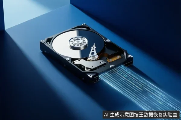 蓝色背景上放置一块打开顶盖的机械硬盘,可见盘片、主轴和磁头组件,硬盘一侧延伸出蓝色数据流线条。