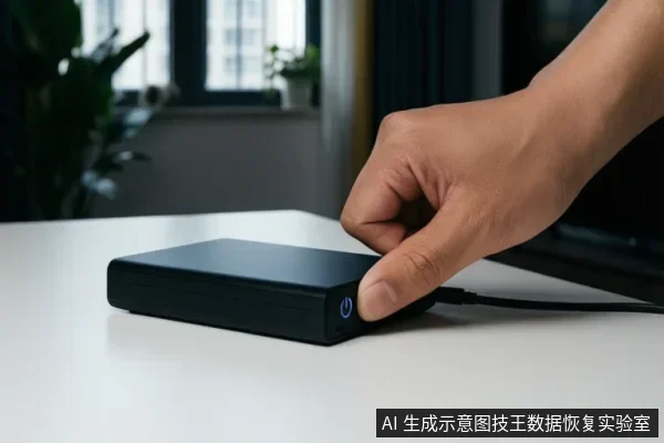 一只手正在按压白色桌面上黑色移动硬盘侧面的电源按钮,硬盘连接着数据线,背景为室内环境。