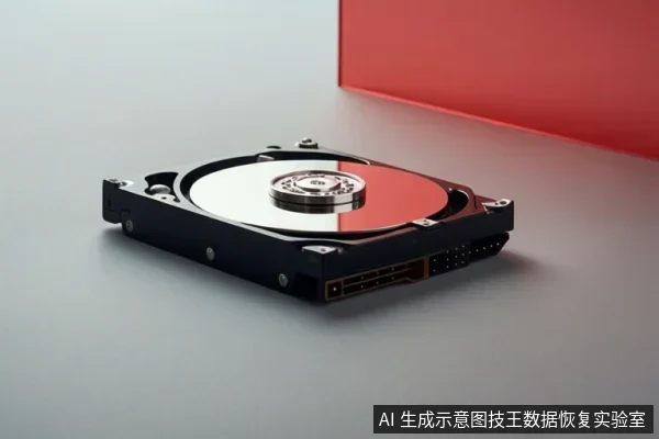 一个打开的机械硬盘平放在灰色台面上,盘片、主轴和接口可见,背景有红色几何块。