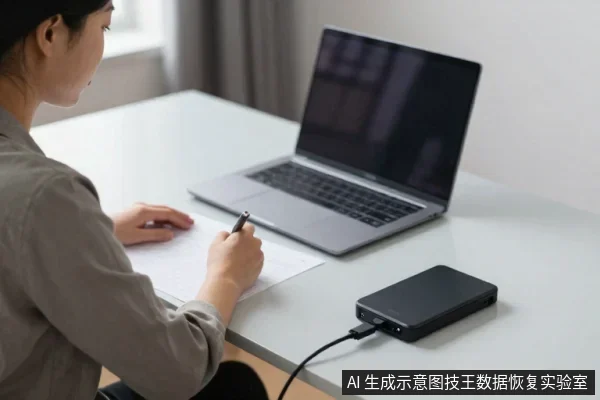 一名亚洲女性坐在桌前,面前放着笔记本电脑,她正用笔在纸上记录,桌面右侧连接着一块黑色外置硬盘。