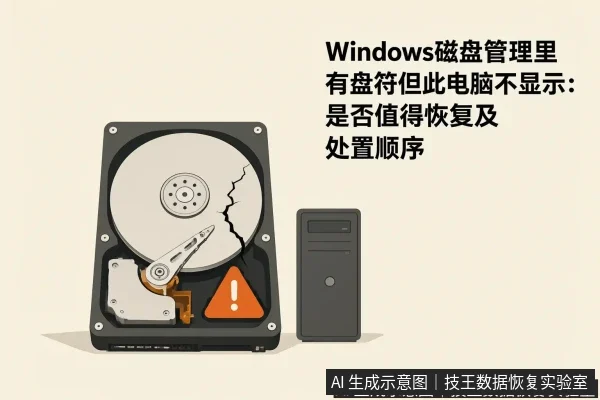 正文场景:文章内容场景示意图:Windows磁盘管理里有盘符但此电脑不显示:是否值得恢复及处置顺序