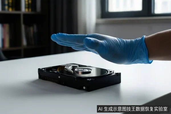 一只戴蓝色手套的手悬停在白色桌面上方,下方放置一块打开的机械硬盘,背景为书架和窗户。