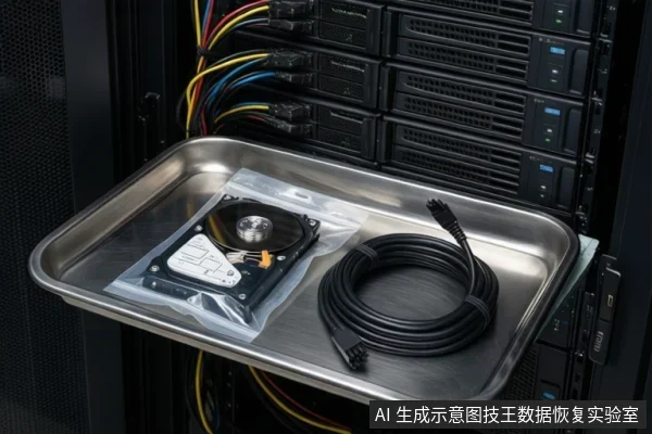 金属托盘上放着装有开盖机械硬盘的防静电袋和一卷黑色SATA数据线,背景为带彩色线缆的服务器机柜。