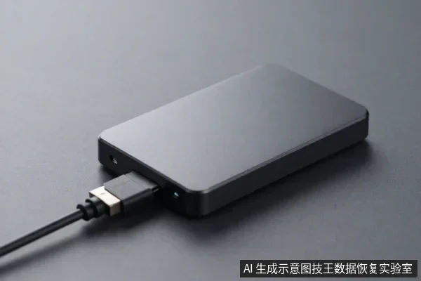 黑色移动硬盘平放在深色桌面，USB数据线插在硬盘侧面接口，无其他物体。