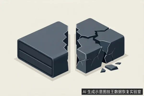 一个深灰色移动硬盘外壳被分为两半,右侧部分呈现严重碎裂和裂纹,旁边散落着几块碎片。