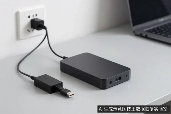 白色桌面插座上插着黑色电源适配器,线缆连接一块黑色外接硬盘,硬盘旁放着一个USB转接头,背景有笔记本电脑