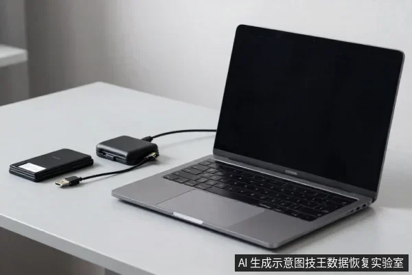 银色笔记本电脑置于白色桌面,左侧连接黑色扩展坞与移动硬盘,线缆相连,屏幕为黑屏。