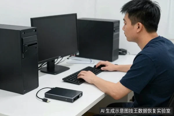 一名亚洲男子坐在白色办公桌前,双手操作黑色键盘,面前有一台黑色显示器和两台黑色电脑主机,桌面上放着一个带线缆的黑色外置存储设备。