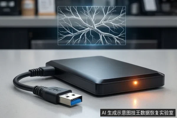 桌面上一台黑色移动硬盘亮着橙色指示灯,连接一根USB数据线,蓝色USB-A插头平放桌面未接入电脑,上方悬浮树枝状线条示意图。