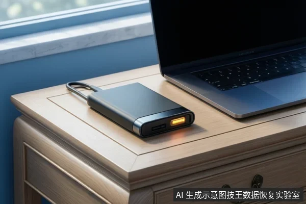木桌上放着一块带挂绳的黑色移动硬盘,一端USB-C接口旁指示灯亮橙色,旁边是一台屏幕关闭的笔记本电脑,背景为窗边桌面。