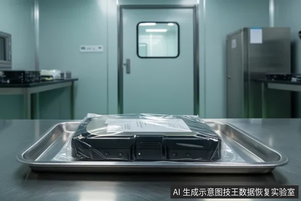 不锈钢托盘上放着一块用透明塑料膜密封包裹的黑色机械硬盘，置于实验室金属桌面上，背景为带观察窗的门和不锈钢柜。