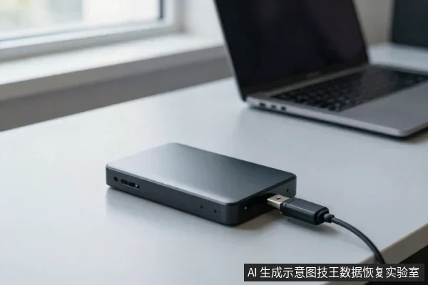 桌面上放着一块黑色外置硬盘,通过USB线连接,后方有一台笔记本电脑,场景为日常办公桌面。