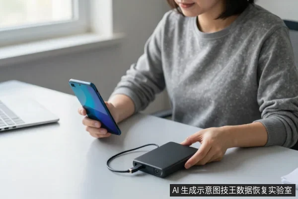 一名亚洲成年人坐在桌前,左手持智能手机查看屏幕,右手放在连接着线缆的黑色移动硬盘上,桌面左侧有一台笔记本电脑。