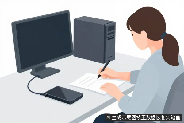 一名扎马尾的女性坐在桌前，用笔在纸上书写，桌上放有显示器、主机、外置硬盘和连接线。