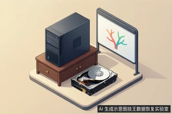 等距插画，木柜上放黑色台式主机，桌面置开盖机械硬盘，右侧显示器显示彩色分支图形。
