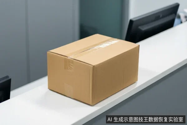 白色服务台面上放置一个用透明胶带封口的棕色纸箱,背景为灰色墙面和黑色显示器背面。