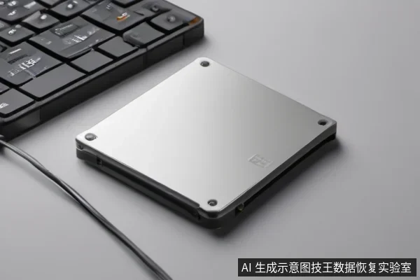 灰色桌面上放置一块银色金属外壳的2.5英寸固态硬盘,四角带螺丝,旁边是黑色键盘和一根连接线。